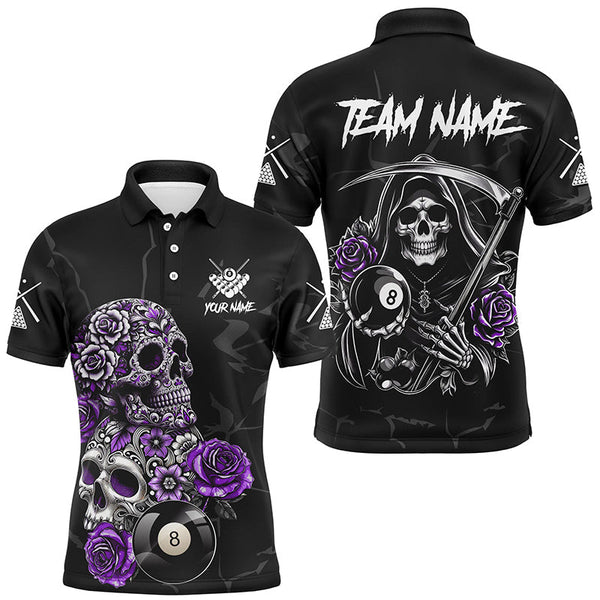 Maxcorners Purple Funny Skull Roses 8 Ball Billiard Jersey Customized Name, Team Name 3D Shirt