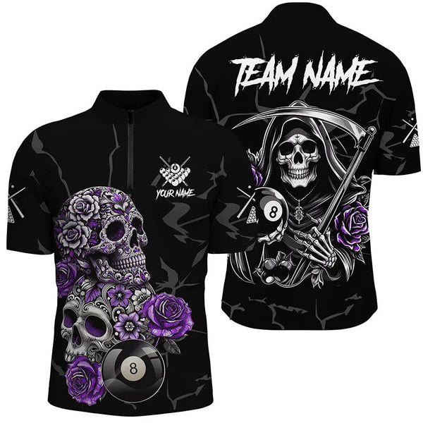 Maxcorners Purple Funny Skull Roses 8 Ball Billiard Jersey Customized Name, Team Name 3D Shirt