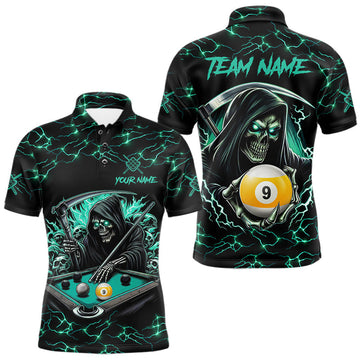Maxcorners Turquoise Funny Grim Reaper 9 Ball Pool Men Billiard Shirts Custom Lightning Billiard Jerseys