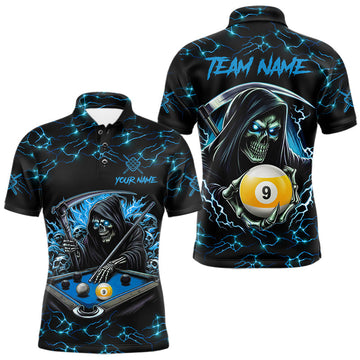Maxcorners Blue Funny Grim Reaper 9 Ball Pool Men Billiard Shirts Custom Lightning Billiard Jerseys