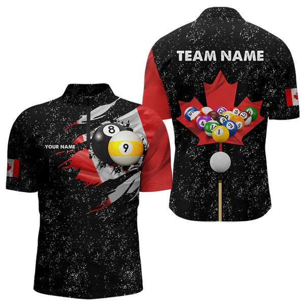 Maxcorners Custom Black Grunge Canada Flag 8 Ball & 9 Ball Billiard Shirts For Men And Women Patriotic Billiard Jerseys