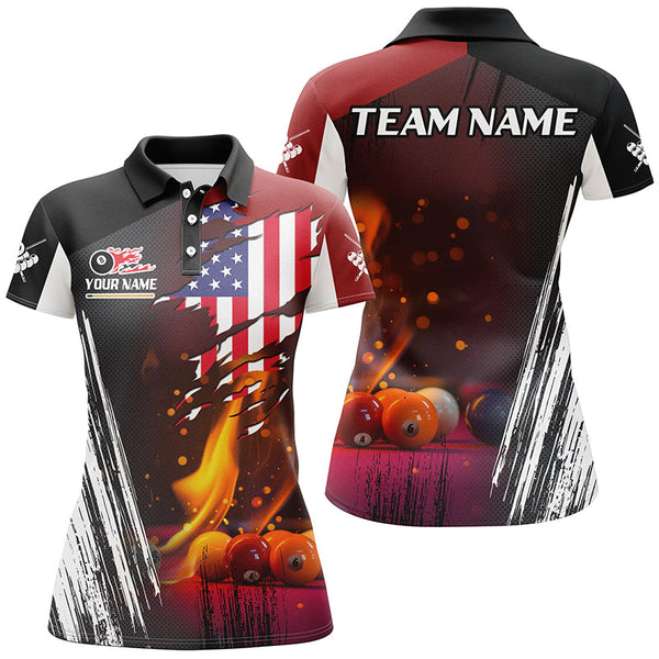 Maxcorners Patriotic US Flag Billiard Balls Fire Flame Custom Billiard Men Polo Shirts, Billiard Team Jerseys LM054