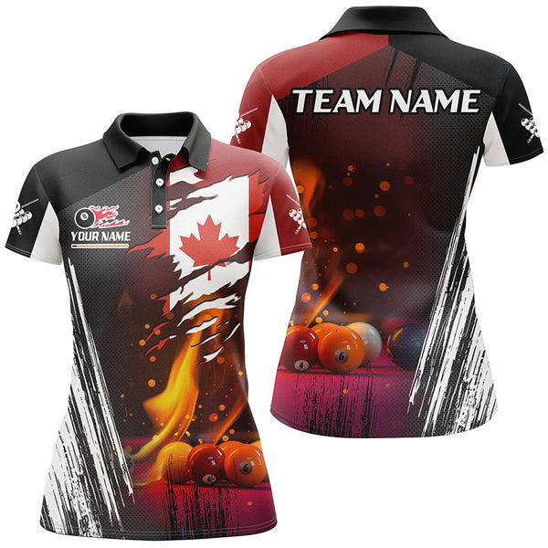 Maxcorners Patriotic Canada Flag Billiard Balls Fire Flame Custom Billiard Men Polo Shirts, Pool Team Jerseys LM054
