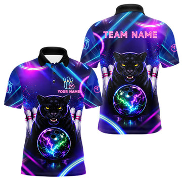 Maxcorners Neon Blue Purple Custom Panther Bowling Shirt For Men, Glowing Bowling Team Jersey Polo & 1/4 Zip LM1705