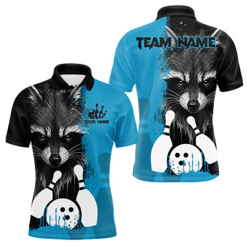 Maxcorners Black And Blue Raccoon Bowling Polo, Quarter Zip Shirts For Men Custom Bowling Team League Jerseys LM1406