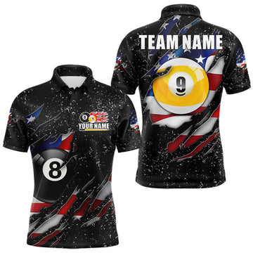 Maxcorners Black Grunge US Flag 8 Ball & 9 Ball Billiard Shirts For Men Custom Patriotic Pool Team Jersey LM1307