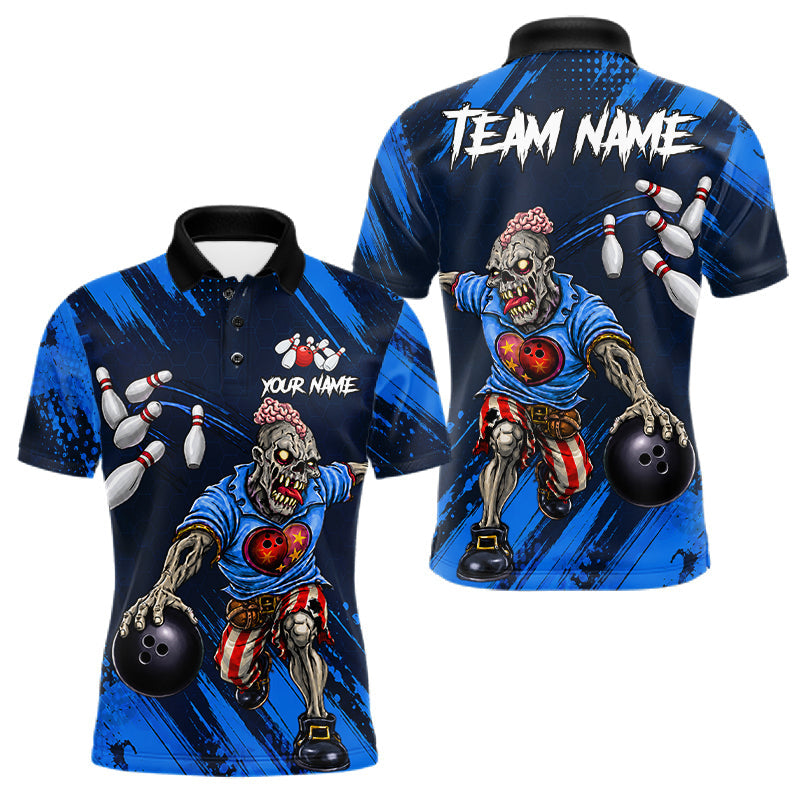 Maxcorners Custom Blue Funny Zombie Bowling Shirt For Men, Bowling Team League Jersey Polo & Quarter Zip