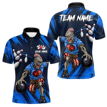 Maxcorners Custom Blue Funny Zombie Bowling Shirt For Men, Bowling Team League Jersey Polo & Quarter Zip LM0410