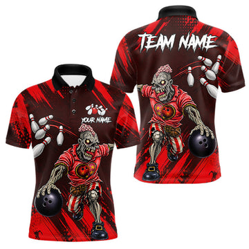 Maxcorners Custom Red Funny Zombie Bowling Shirt For Men, Bowling Team League Jersey Polo & Quarter Zip LM0410