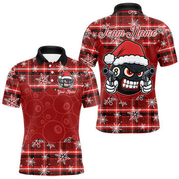 Maxcorners Funny Santa 8 Ball Pool Men's Billiard Shirt Custom Red Plaid Snowflake Christmas Billiard Jersey LM2603