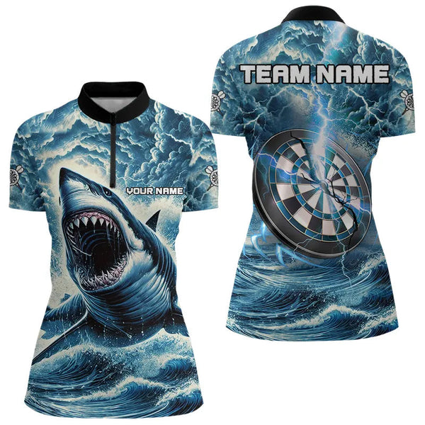 Maxcorners Personalized Shark Blue Lightning Darts Polo Shirt Custom Dart Shirts For Men And Women Dart Jerseys