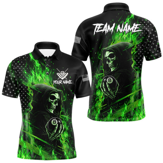 Maxcorners Green Flaming Grim Reaper US Flag 8 Ball Billiard Shirts For Men Custom Patriotic Pool Team Jersey