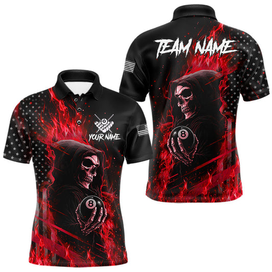Maxcorners Red Flaming Grim Reaper US Flag 8 Ball Billiard Shirts For Men Custom Patriotic Pool Team Jersey
