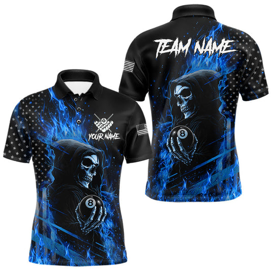 Maxcorners Blue Flaming Grim Reaper US Flag 8 Ball Billiard Shirts For Men Custom Patriotic Pool Team Jersey