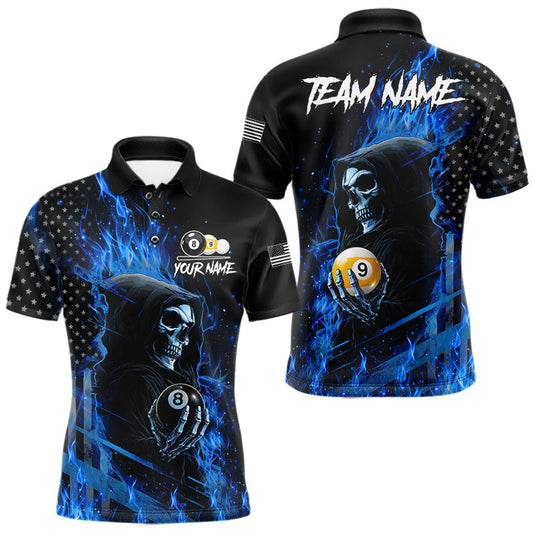Maxcorners Blue Flame 8 Ball & 9 Ball Grim Reaper US Flag Billiard Shirts For Men Custom Pool Team Jersey
