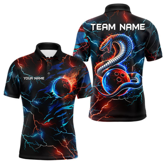 Maxcorners Custom Blue And Red Lightning Cobra Snake Bowling Shirts For Men Custom Bowling League Team Jersey