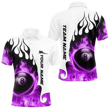 Maxcorners Personalized Purple 8 Ball Fire Flame Men's Billiard Shirt Custom Pool Team Jersey Polo & 1/4 Zip LM2603