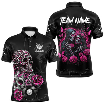 Maxcorners Personalized Pink 8 Ball Skull Roses Billiard Shirt For Men Custom Valentine Billiard Gifts