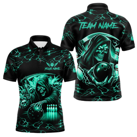 Maxcorners Custom Turquoise Grim Reaper Lightning Bowling Shirt For Men, Bowling Jersey Team Polo & 1/4 Zip