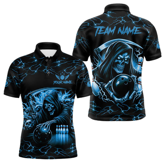 Maxcorners Custom Blue Grim Reaper Lightning Bowling Shirt For Men, Skull Bowling Jersey Team Polo & 1/4 Zip