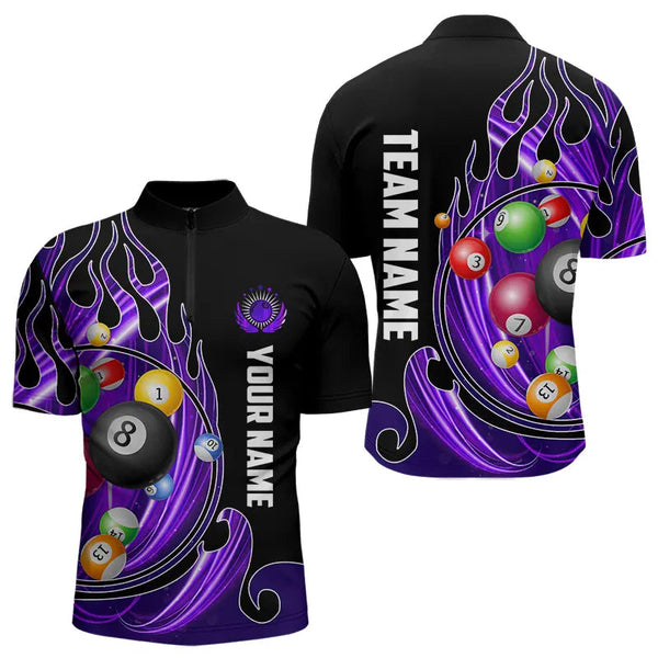 Maxcorners 3D Billiard Balls Fire Flame Custom Pool Shirts For Men, Billiard League Team Jerseys | Purple LM133