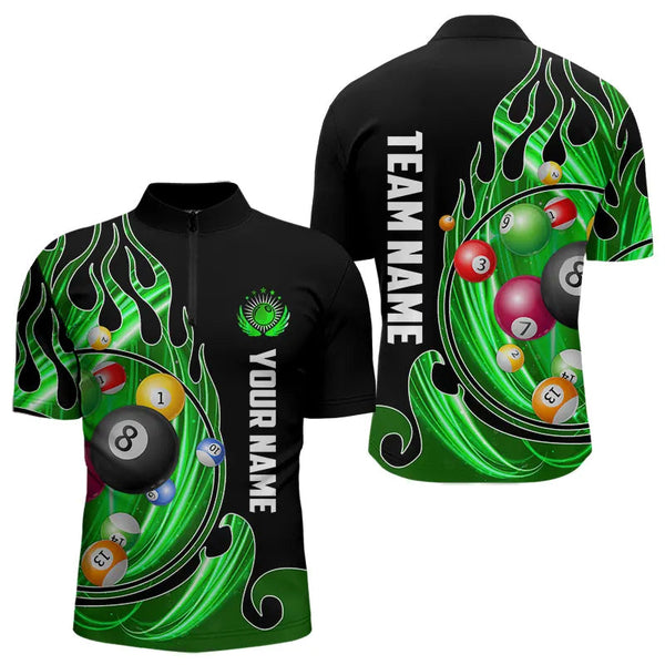 Maxcorners 3D Billiard Balls Fire Flame Custom Pool Shirts For Men, Billiard League Team Jerseys | Green LM133