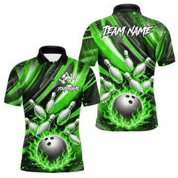 Maxcorners Custom Green Flaming Silver Bowling Jersey For Men, Bowling League Team Shirts Polo & Quarter Zip LM1705