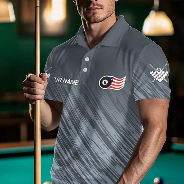 Maxcorners Personalized Funny 8 Ball Wings Us Flag Grey Billiard Shirts For Men, Patriotic Billiard Jerseys