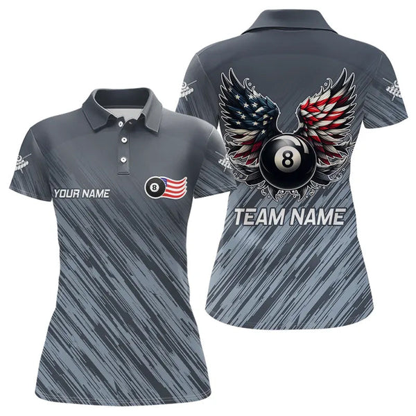 Maxcorners Personalized Funny 8 Ball Wings Us Flag Grey Billiard Shirts For Men, Patriotic Billiard Jerseys