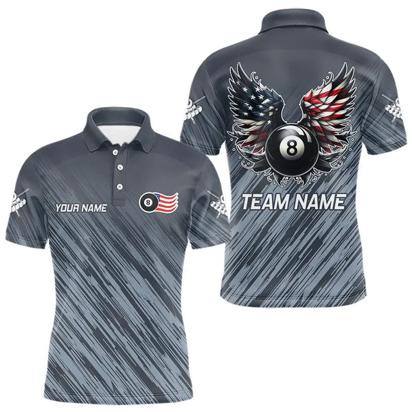 Maxcorners Personalized Funny 8 Ball Wings Us Flag Grey Billiard Shirts For Men, Patriotic Billiard Jerseys