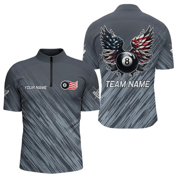 Maxcorners Personalized Funny 8 Ball Wings Us Flag Grey Billiard Shirts For Men, Patriotic Billiard Jerseys