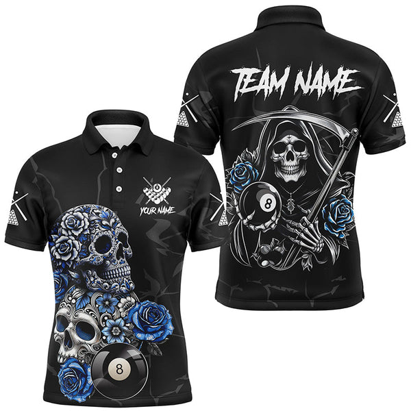 Maxcorners Personalized Funny Blue Skull Roses 8 Ball Billiard Shirts For Men Custom Pool Team Shirts Designs