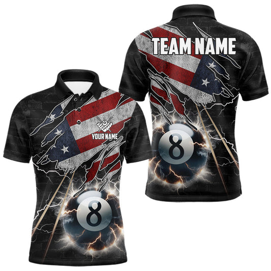 Maxcorners American Flag Lightning 8 Ball Billiard Pool Shirts For Men Custom Patriotic Billiard Team Jersey