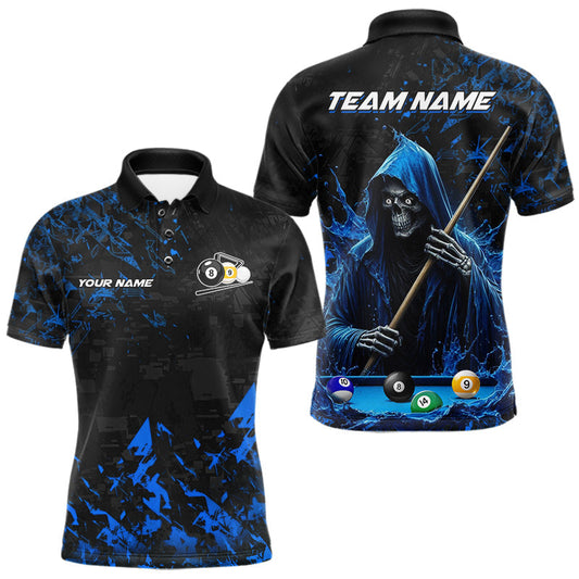 Maxcorners Personalized Blue Grim Reaper 8 Ball 9 Ball Billiard League Shirt For Men, Pool Team Jersey