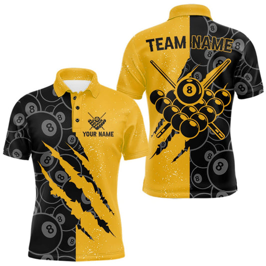 Maxcorners Custom Grunge Yellow Black 8 Ball Pool Billiard Shirt For Men, Billiard Team Jersey Polo & 1/4 Zip LM1508