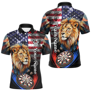 Maxcorners American Flag Smoke Lion Darts Shirt For Men Custom Patriotic Darts Jersey Team Polo, 1/4 Zip LM0404