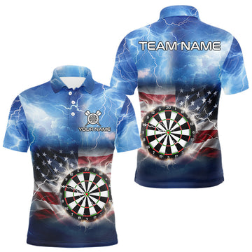 Maxcorners Blue American Flag Thunder Lightning Darts Shirt For Men Custom Darts Jersey Team Polo & 1/4 Zip LM0412