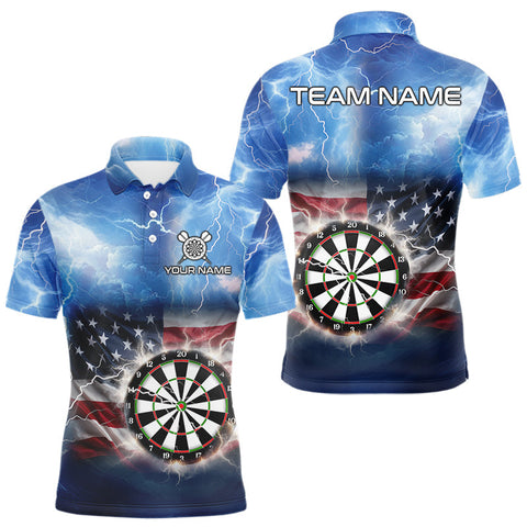 Maxcorners Blue American Flag Thunder Lightning Darts Shirt For Men Custom Darts Jersey Team Polo & 1/4 Zip MT1511