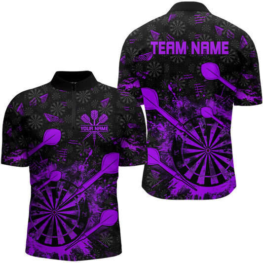 Maxcorners Black And Purple Grunge Darts Polo, Quarter Zip For Men Custom Dart Shirts For Team Dart Jerseys