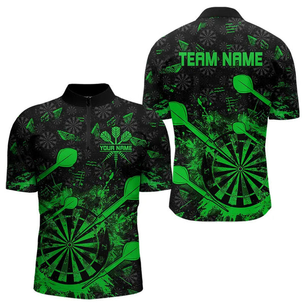 Maxcorners Black And Green Grunge Darts Polo, Quarter Zip For Men And Women Custom Dart Shirts For Team Dart Jerseys