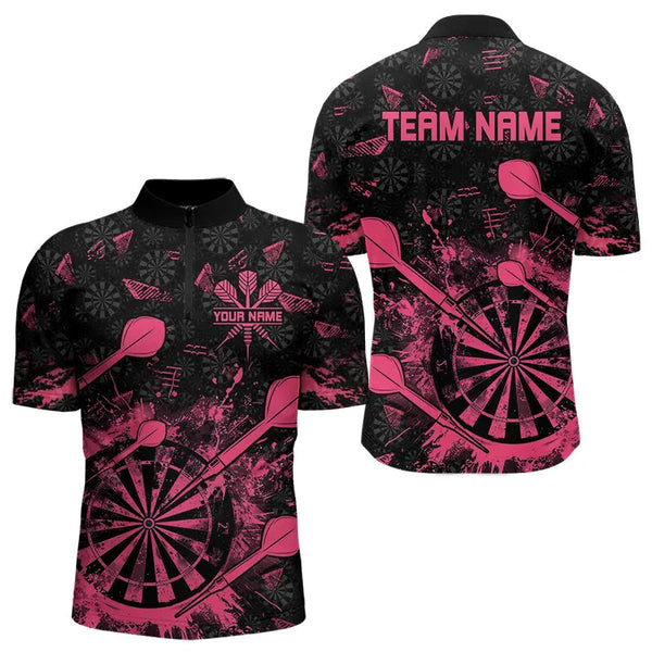 Maxcorners Black And Pink Grunge Darts Polo, Quarter Zip For Men And Women Custom Dart Shirts For Team Dart Jerseys