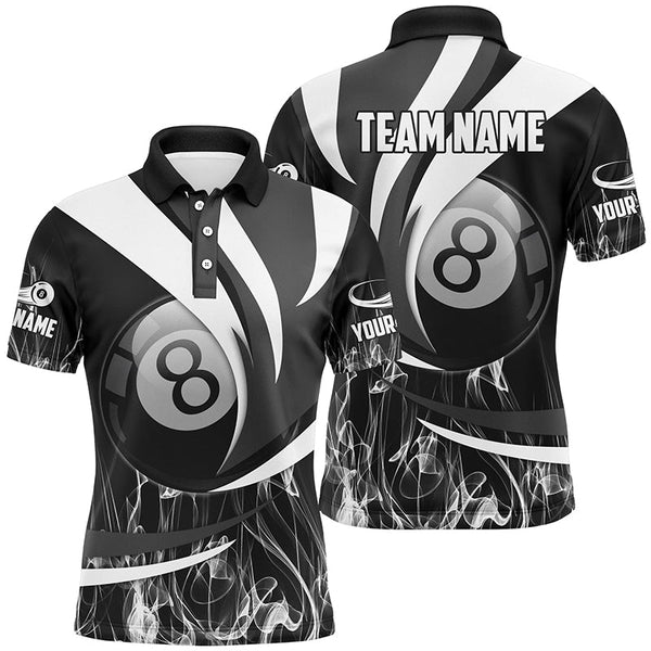 Maxcorners Personalized Black Grey 8 Ball Pool Fire Smoke Billiard Shirts For Women, 8 Ball Billiard Team Jersey