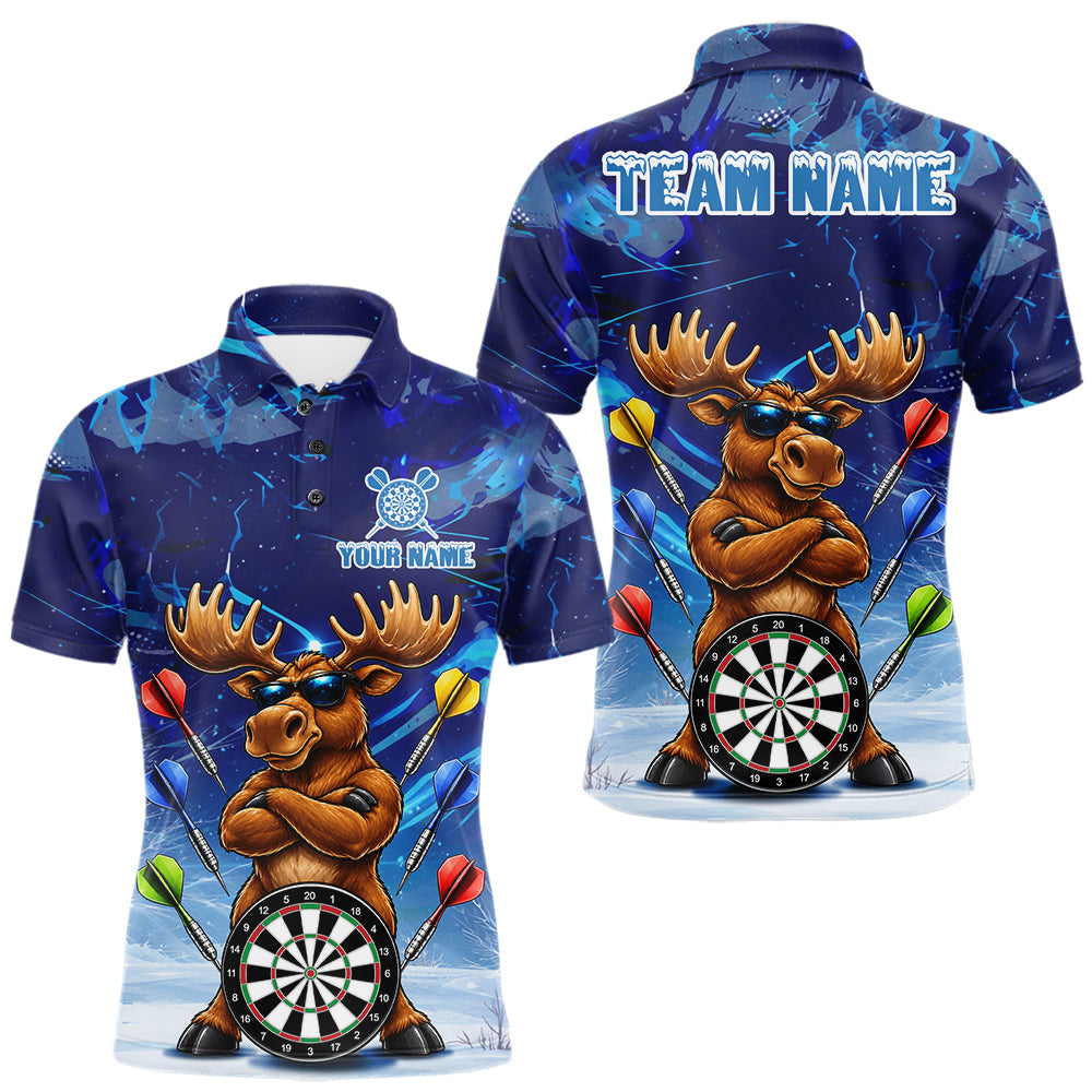 Maxcorners Personalized Blue Funny Moose Darts Shirt For Men Custom Darts Jersey Team Polo & Quarter Zip