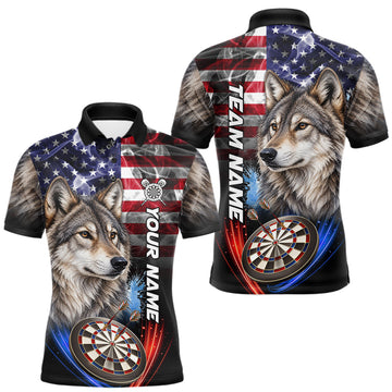 Maxcorners Smoke American Flag Wolf Darts Polo, 1/4 Zip Shirts For Men Custom Patriotic Darts Team Jersey