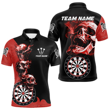 Maxcorners Personalized Smoke Skull Darts Shirts For Men Custom Black And Red Darts League Team Jerseys