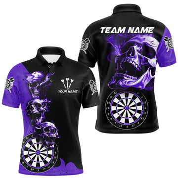 Maxcorners Personalized Smoke Skull Darts Shirts For Men Custom Black And Purple Darts League Team Jerseys