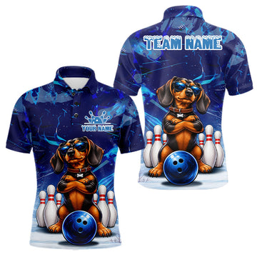 Maxcorners Blue Funny Dachshund Dog Bowling Shirt For Men Custom Bowling Team Jersey Polo & Quarter Zip