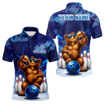 Maxcorners Personalized Blue Funny Bear Bowling Shirt For Men Custom Bowling Team Jersey Polo & 1/4 Zip