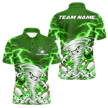 Maxcorners Green Lightning Thunder Funny Tornado Bowling Shirt For Men Custom Bowling Jersey Polo & 1/4 Zip