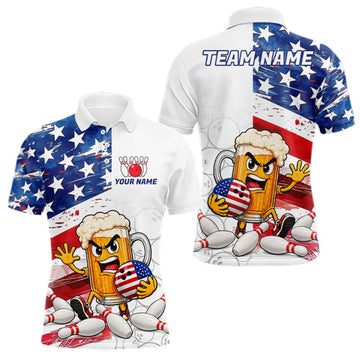 Maxcorners American Flag Funny Beer Bowling Shirts For Men Custom Patriotic Bowling Team Jersey Polo, 1/4 Zip LM1910